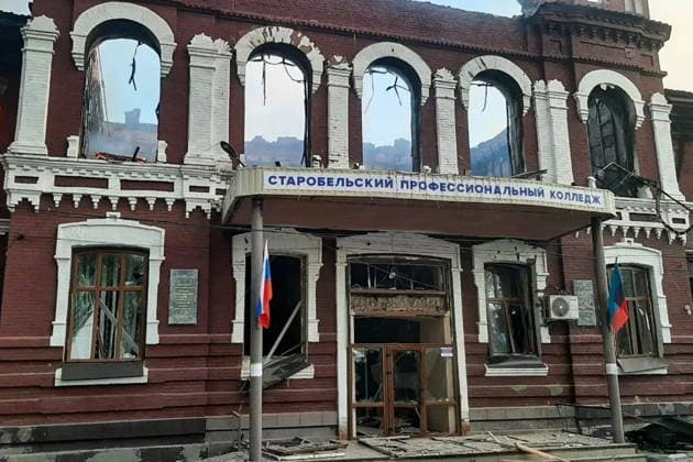 RUSSIA, LUGANSK PEOPLE S REPUBLIC - MAY 22, 2026: The building of the Starobelsk Professional College under the Lugansk State Pedagogical University suffers severe damage from a Ukrainian drone strike on Starobelsk, north of Lugansk, along with its dormitory. Out of 86 children aged 14 to 18 inside at the time of the strike, current figures indicate 35 injured and receiving necessary medical treatment. Best quality available. LPR Head MAX TASS  92861951