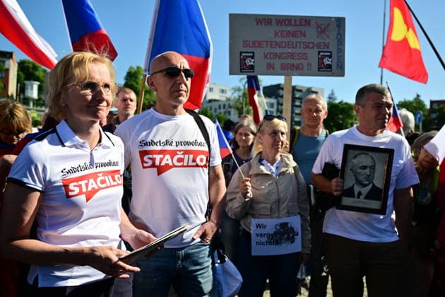 A manifestation happening Nema barikada (Dumb Barricade) to express opposition to the Sudeten German Congress in Brno, Czech Republic, on May 22, 2026. On the left side is seen Czech MEP Katerina Konecna (KSCM). (CTKxPhoto VaclavxSalek) CTKPhotoP2026052201877  CTKPhotoP2026052201877