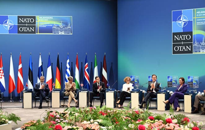 NATO Foreign Ministers Meeting HELSINGBORG, SWEDEN - MAY 22: Turkish Foreign Minister Hakan Fidan (L), UK Foreign Secretary Yvette Cooper (2nd L), US Secretary of State Marco Rubio (3rd L), NATO Deputy General Secretary Radmila Shekerinska (3rd R), NATO Secretary General Mark Rutte (2nd R), and Swedish Foreign Minister Maria Malmer Stenergard (R) attend the North Atlantic Council Foreign Ministers Session during the NATO Foreign Ministers Meeting in Helsingborg, Sweden, on May 22, 2026. Dursun Aydemir Anadolu Helsingborg Sweden. Editorial use only. Please get in touch for any other usage.  Copyright: x2026xAnadoluxDursunxAydemirx