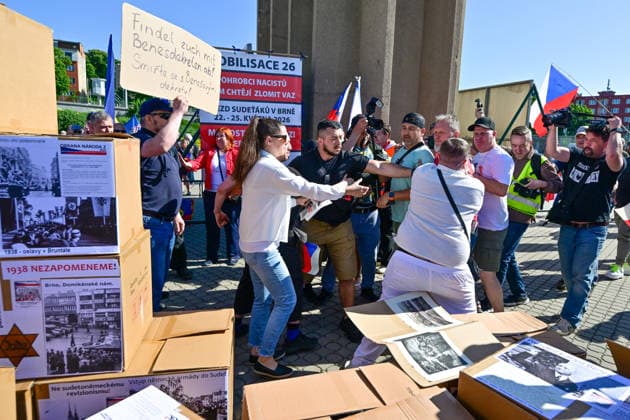 A manifestation happening Nema barikada (Dumb Barricade) to express opposition to the Sudeten German Congress in Brno, Czech Republic, on May 22, 2026. (CTKxPhoto VaclavxSalek) CTKPhotoP2026052203588  CTKPhotoP2026052203588