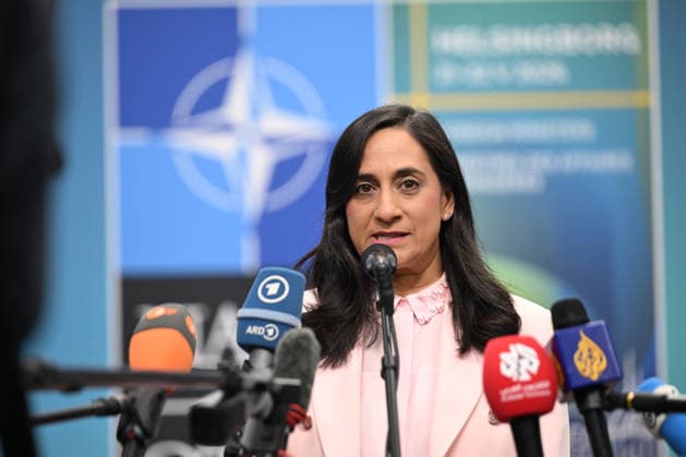 NATO Foreign Ministers Meeting in Sweden??????? HELSINGBORG, SWEDEN - MAY 22: Canadian Foreign Minister Anita Anand speaks to members of the press ahead of the NATO Foreign Ministers Meeting in Helsingborg, Sweden, on May 22, 2026. Dursun Aydemir Anadolu Helsingborg Sweden. Editorial use only. Please get in touch for any other usage.  Copyright: x2026xAnadoluxDursunxAydemirx