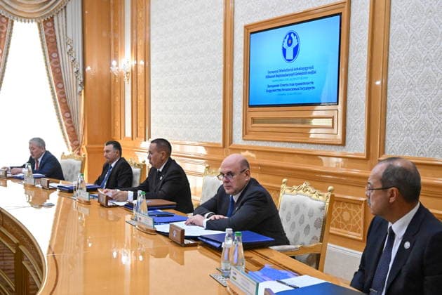 TURKMENISTAN, ASHGABAT - MAY 22, 2026: Mikhail Mishustin (2nd R), Prime Minister of Russia, attends a meeting of the CIS (Commonwealth of Independent States) Council of the Heads of Government at the Garagum Hotel and Business Centre. Alexander Miridonov POOL TASS  92869354