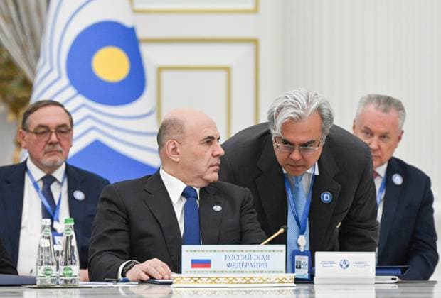 Turkmenistan CIS Government Heads Council 9171494 22.05.2026 Russian Prime Minister Mikhail Mishustin and Deputy Chief of the Russian Government Staff Elmir Tagirov, right, attend an expanded format meeting of the Commonwealth of Independent States (CIS) Heads of Government Council in Ashgabat, Turkmenistan. Alexander Miridonov Sputnik Ashgabat Turkmenistan  Copyright: xAlexanderxMiridonovx