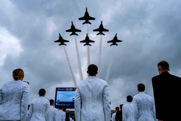 The Blue Angels perform a flyover during the U.S. Naval Academy Graduation and Commissioning Ceremony at the U.S. Naval Academy in Annapolis, Maryland on Friday, May 22, 2026. The Naval Academy has a total of 1059 graduates.  ANN20260522312 BONNIExCASH