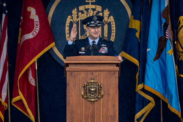 Chair of the Joint Chiefs of Staff Dan Caine speaks during the U.S. Naval Academy Graduation and Commissioning Ceremony at the U.S. Naval Academy in Annapolis, Maryland on Friday, May 22, 2026. The Naval Academy has a total of 1059 graduates.  ANN20260522321 BONNIExCASH