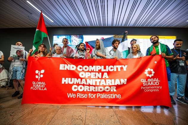 Belgian activists who were part of the Gaza Flotilla arrive at Brussels Airport, in Zaventem, Friday 22 May 2026.  EMILExWINDAL 174746620