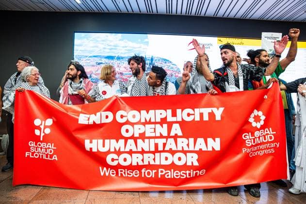 Belgian activists who were part of the Gaza Flotilla arrive at Brussels Airport, in Zaventem, Friday 22 May 2026.  EMILExWINDAL 174746729