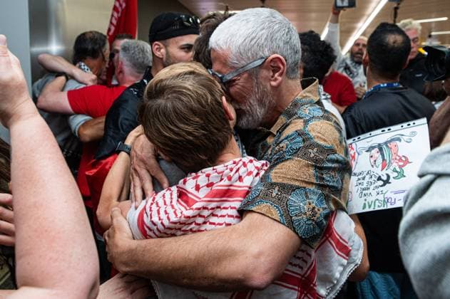 Belgian activist Isja pictured at the arrival of Belgian activists who were part of the Gaza Flotilla, at Brussels Airport, in Zaventem, Friday 22 May 2026.  EMILExWINDAL 174747313