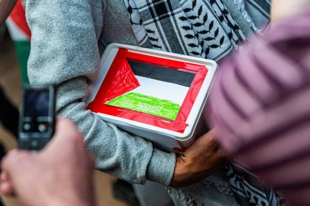Palestinian flag pictured as Belgian activists who were part of the Gaza Flotilla arrive at Brussels Airport, in Zaventem, Friday 22 May 2026.  EMILExWINDAL 174748544