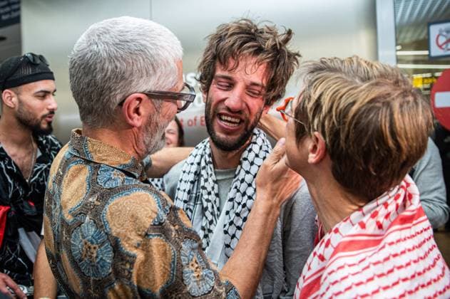 Belgian activist Isja pictured as Belgian activists who were part of the Gaza Flotilla arrive at Brussels Airport, in Zaventem, Friday 22 May 2026.  EMILExWINDAL 174748555