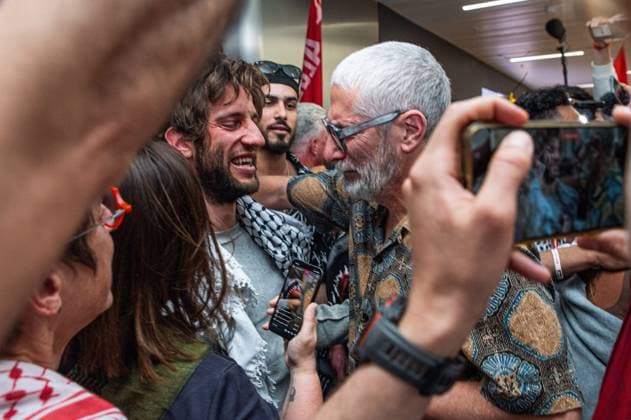 Belgian activist Isja pictured as Belgian activists who were part of the Gaza Flotilla arrive at Brussels Airport, in Zaventem, Friday 22 May 2026.  EMILExWINDAL 174748568
