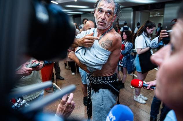 Belgian activists showing injuries at the return of Belgian activists who were part of the Gaza Flotilla at Brussels Airport, in Zaventem, Friday 22 May 2026.  EMILExWINDAL 174748611