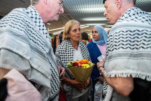 Belgian activists who were part of the Gaza Flotilla arrive at Brussels Airport, in Zaventem, Friday 22 May 2026.  EMILExWINDAL 174748772