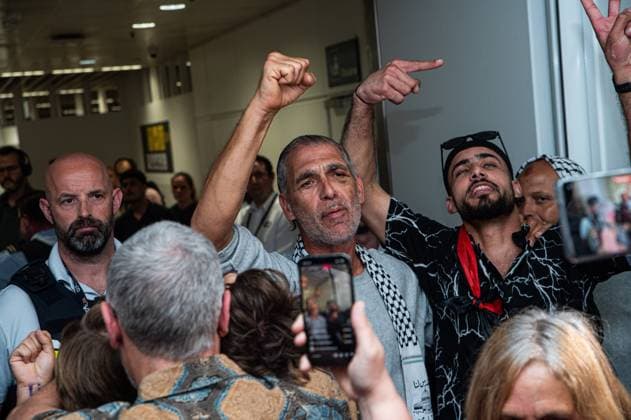 Belgian activists who were part of the Gaza Flotilla arrive at Brussels Airport, in Zaventem, Friday 22 May 2026.  EMILExWINDAL 174748850