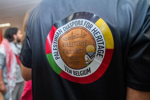 Logo of Palestinian Diaspora for Heritage Vzw Belgium pictured as Belgian activists who were part of the Gaza Flotilla arrive at Brussels Airport, in Zaventem, Friday 22 May 2026.  EMILExWINDAL 174749180