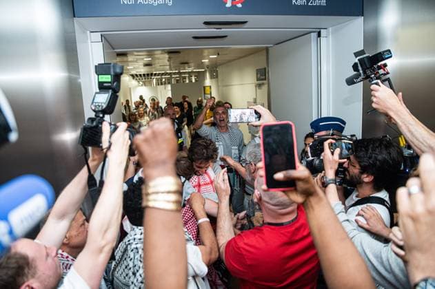 Belgian activists who were part of the Gaza Flotilla arrive at Brussels Airport, in Zaventem, Friday 22 May 2026.  EMILExWINDAL 174749202