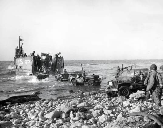 U.S. Army Jeeps of 5th Engineer Special Brigade debark from LST at Fox Green, Omaha Beach, Normandy, France, U.S. Army Signal Corps, June 12, 1944  Copyright: xCircaxImagesx ghi-circa14429