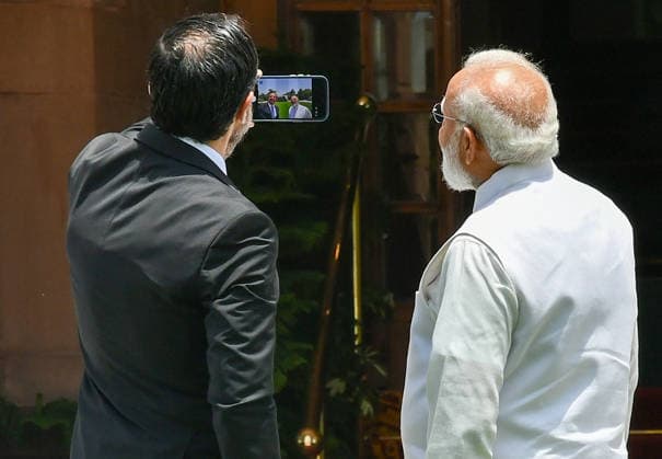 NEW DELHI, INDIA - MAY 22: President of the Republic of Cyprus Nikos Christodoulides takes a selfie with Prime Minister Narendra Modi ahead of their bilateral meeting at Hyderabad House, on May 21, 2026 in New Delhi, India. India and Cyprus elevated their relationship to the level of a strategic partnership and launched a joint task force to strengthen cooperation in areas including infrastructure and shipping. Both countries also agreed to move ahead on a comprehensive Migration and Mobility Agreement, along with a Social Security Agreement, to safeguard the rights of professionals working between the two countries. (Photo by Raj K Raj Hindustan Times) PM Narendra Modi And Cyprus President Nikos Christodoulides Hold Bilateral Meeting At H