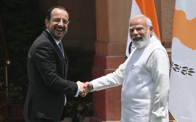 NEW DELHI, INDIA - MAY 22: Prime Minister Narendra Modi shake hands with President of the Republic of Cyprus, Nikos Christodoulides on his arrival for a high-level bilateral summit at Hyderabad House on May 22, 2026 in New Delhi, India. Following a closed-door meeting attended by External Affairs Minister S Jaishankar and National Security Advisor Ajit Doval, the two leaders issued a landmark joint press statement announcing the formal elevation of India-Cyprus relations to a Strategic Partnership. (Photo by Sonu Mehta Hindustan Times) PM Narendra Modi And Cyprus President Nikos Christodoulides Hold Bilateral Meeting At Hyderabad House In Delhi