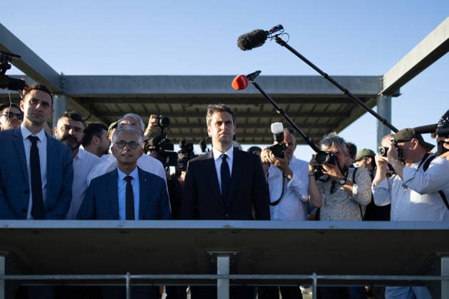 Gabriel Attal visits the Millau viaduct - Millau General Secretary of French centrist party Renaissance Gabriel Attal, Jean-François Rousset a politician of Renaissance who has represented the 3rd constituency of the Aveyron department, and mayor of Millau Christophe Saint-Pierre, visits the Millau viaduct on May 22, 2026. France s former prime minister Gabriel Attal said on May 22, 2026 he was running for president next year. Photo by Raphael Lafargue ABACAPRESS.COM Millau France  Copyright: xLafarguexRaphael ABACAx
