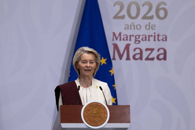 May 22, 2026, Mexico City, Mexico: Mexican President CLAUDIA SHEINBAUM, European Commission President URSULA VON DER LEYEN and European Council President ANTONIO COSTA took part in a press conference at the National Palace in Mexico City within the framework of the VIII Mexico European Union Summit and the signing of the Modernized Global Agreement between Mexico and the European Union. Mexico City Mexico - ZUMAl178 20260522_znp_l178_050 Copyright: xCristianxLeyvax