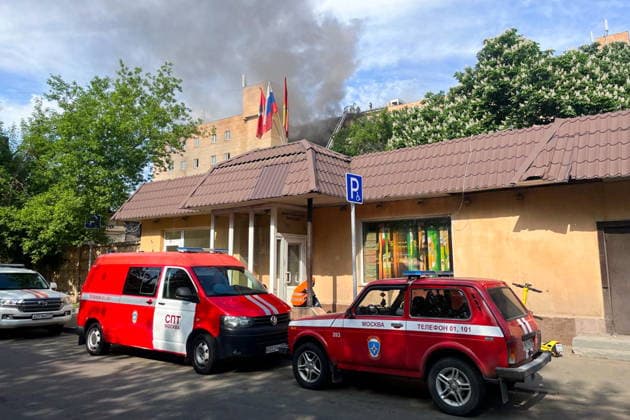 RUSSIA, MOSCOW - MAY 23, 2026: A view of a warehouse in south-eastern Moscow hit by fire. Sergei Shakhidzhanyan TASS  92905833