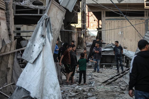 Palestinians inspect damage following Israeli strike in Bureij camp Palestinians inspect damage to homes and streets following an Israeli strike on a house and shops in the Bureij refugee camp in the central Gaza Strip on May 23, 2026. According to residents, the strike came after the collapse of a ceasefire agreement between Hamas and Israel. Photo by Moiz Salhi apaimages Bureij Gaza Strip Palestinian Territory 230526_Al-Bureij_MS_00(27) Copyright: xapaimagesxMoizxSalhixx xapaimagesx