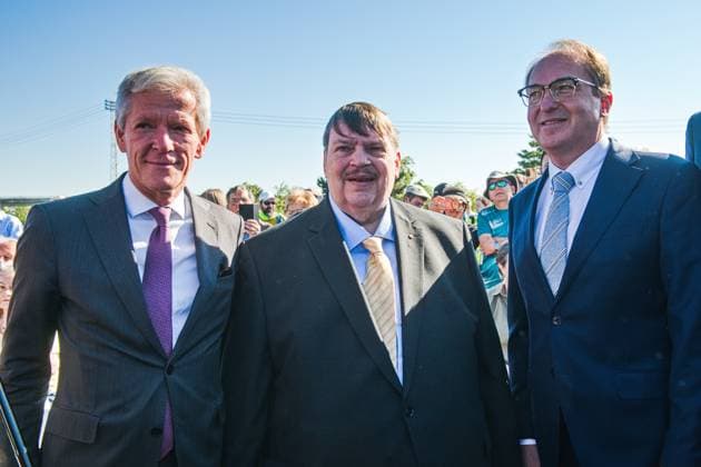 The March of Reconciliation from Pohorelice to Brno in memory of Brno death march , i.e., the violent expulsion of German-speaking population from Brno, as a part of Meeting Brno festival and Sudeten German Association Congress, starts near Memorial ceremony at Monument to Victims of Expulsion in Pohorelice on Saturday, May 23, 2026. Estimated arrival at Mendel square, lighting of candles, conclusion of event. In the middle of the picture is the chairman of the Sudeten German Regional Association Bernd Posselt and (right) German Interior Minister Alexander Dobrindt. (CTKxPhoto PatrikxUhlir) CTKPhotoP2026052302207  CTKPhotoP2026052302207