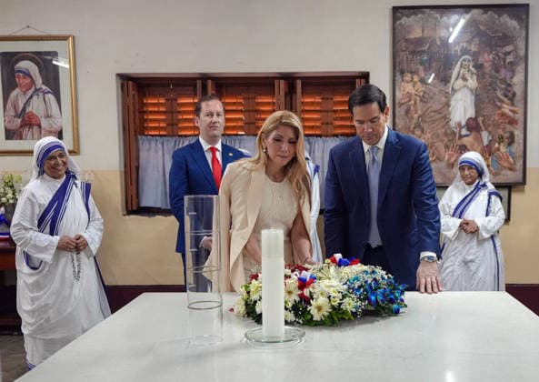 RECORD DATE NOT STATED US Secretary of State Marco Rubio and his wife Jeanette D. Rubio visit Missionaries of Charity and pay homage to Mother Teresa Kolkata, May 23 (ANI): US Secretary of State Marco Rubio and his wife Jeanette D. Rubio visit Missionaries of Charity and pay homage to Mother Teresa, in Kolkata on Saturday. US Ambassador to India Sergio Gor also present. (@SecRubio X ANI Photo) Kolkata West Bengal India Copyright: xANIx ANI_20260523046