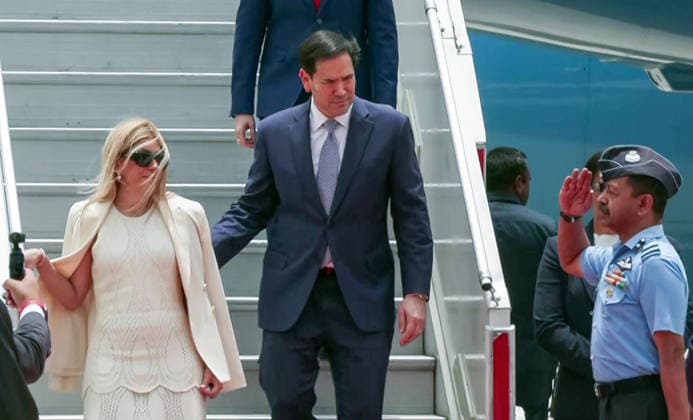 RECORD DATE NOT STATED US Secretary of State Marco Rubio and his wife Jeanette D. Rubio arrive in Delhi New Delhi, May 23 (ANI): US Secretary of State Marco Rubio and his wife Jeanette D. Rubio arrive in Delhi after their visit to Kolkata, in New Delhi on Saturday. (ANI Video Grab) New Delhi Delhi India Copyright: xANIx ANI_20260523058