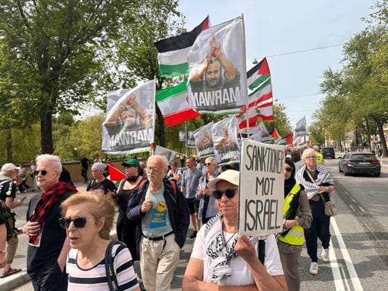 Israel s intervention in the Global Sumud Flotilla was protested in Sweden STOCKHOLM, SWEDEN - MAY 23: Demonstrators, holding banners, gather at Odenplan Square to protest the Israeli army s intervention against the Global Sumud Flotilla, which set sail to deliver humanitarian aid to the Gaza Strip, in Stockholm, Sweden, on May 23, 2026. Convened by numerous non-governmental organizations, the crowd demanded an immediate halt to alleged Israeli war crimes in Gaza and marched through the city center to condemn the interception of the flotilla and the mistreatment of international activists. Atila Altuntas Anadolu Stockholm Sweden. Editorial use only. Please get in touch for any other usage.  Copyright: x2026xAnadoluxAtilaxAltuntasx