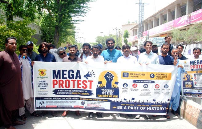 RECORD DATE NOT STATED Members of Young Teacher Alliance Sindh are holding protest demonstration for acceptance of their demands, at Hyderabad press club on Saturday, May 23, 2026. (Sajjad Zaidi PPI Images). EDITORIAL USE ONLY Copyright: xx AR-ZM-230526x ppiphotos479425