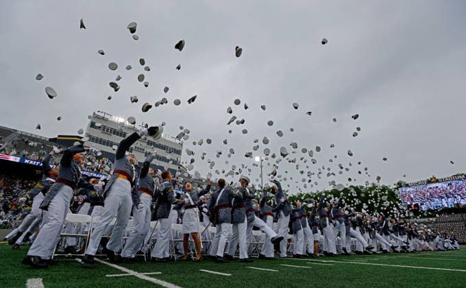 The Graduating Cadets commence the hat toss at the conclusion of the West Point Class of 2026 s commencement ceremony in Michie Stadium at the United States Military Academy in West Point, New York on Saturday, May 23, 2026. .  NYP202605239017 PeterxFoley