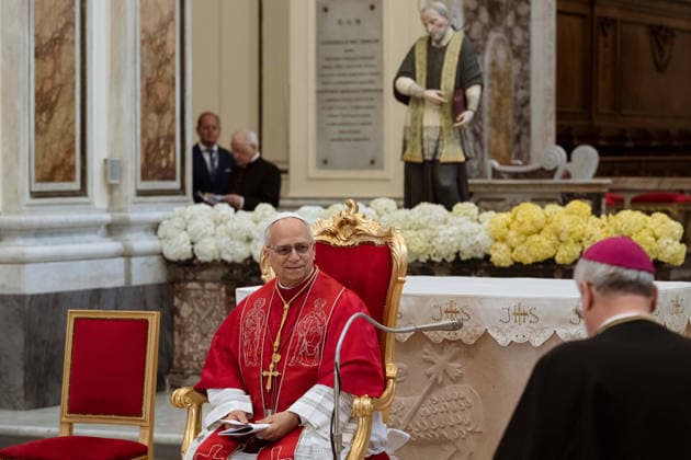 May 23, 2026, Acerra, Napoli, Italy: The Pope seen while smiling during the speech of the local Bishop. Pope Leo XIV visited Acerra for his patroral itinerary. He was the first Pope to visit the Land of Fires, a region affected by illegal dumping and burning of toxic waste in Campania region in Italy and meet families of victims of pollution in the Cathedral of Santa Maria Assunta in Acerra. Acerra Italy - ZUMAf172 20260523_zip_f172_032 Copyright: xValeriaxFerrarox