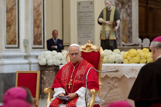 May 23, 2026, Acerra, Napoli, Italy: The Pope seen listening the speech of the local Bishop. Pope Leo XIV visited Acerra for his patroral itinerary. He was the first Pope to visit the Land of Fires, a region affected by illegal dumping and burning of toxic waste in Campania region in Italy and meet families of victims of pollution in the Cathedral of Santa Maria Assunta in Acerra. Acerra Italy - ZUMAf172 20260523_zip_f172_035 Copyright: xValeriaxFerrarox