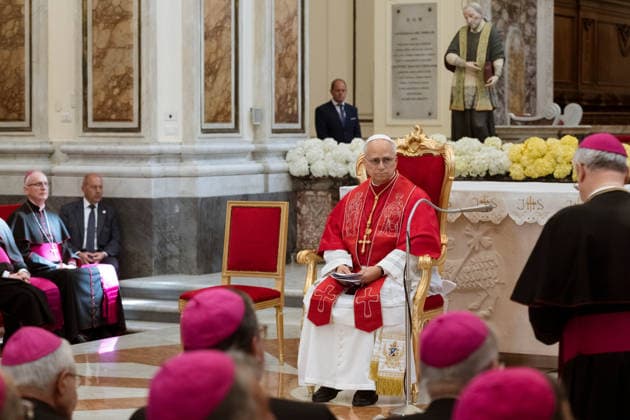 May 23, 2026, Acerra, Napoli, Italy: The Pope seen while listening the speech of the local Bishop. Pope Leo XIV visited Acerra for his patroral itinerary. He was the first Pope to visit the Land of Fires, a region affected by illegal dumping and burning of toxic waste in Campania region in Italy and meet families of victims of pollution in the Cathedral of Santa Maria Assunta in Acerra. Acerra Italy - ZUMAf172 20260523_zip_f172_037 Copyright: xValeriaxFerrarox