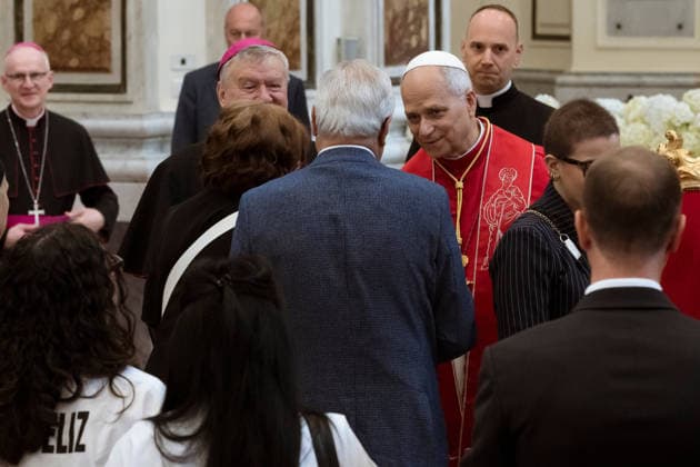 May 23, 2026, Acerra, Napoli, Italy: The Pope seen while listening a family with victims of pollution. Pope Leo XIV visited Acerra for his patroral itinerary. He was the first Pope to visit the Land of Fires, a region affected by illegal dumping and burning of toxic waste in Campania region in Italy and meet families of victims of pollution in the Cathedral of Santa Maria Assunta in Acerra. Acerra Italy - ZUMAf172 20260523_zip_f172_044 Copyright: xValeriaxFerrarox
