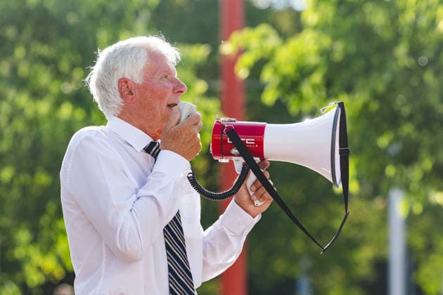 Czech far-right politician Miroslav Sladek addresses participants at a demonstration titled Conscience and Reconciliation, Crime and Punishment, which took place in Brno to protest the Sudeten German Congress on May 23, 2026. (CTKxPhoto RichardxSkoumal) CTKPhotoP2026052305850  CTKPhotoP2026052305850