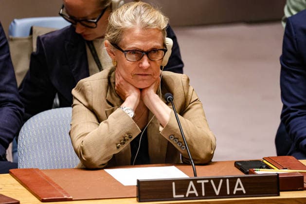 May 23, 2026, New York, New York, USA: SANITA PAVLUTA-DESLANDES, Permanent Representative of Latvia to the UN, sits with her hands near her neck during an emergency UN Security Council meeting on Ukraine at UNHQ following Russian allegations of a Ukrainian drone strike on a vocational school and student dormitory in Russian-controlled Luhansk, which Ukraine denies targeted civilians. New York USA - ZUMAo116 20260523_znp_o116_012 Copyright: xBiancaxOterox
