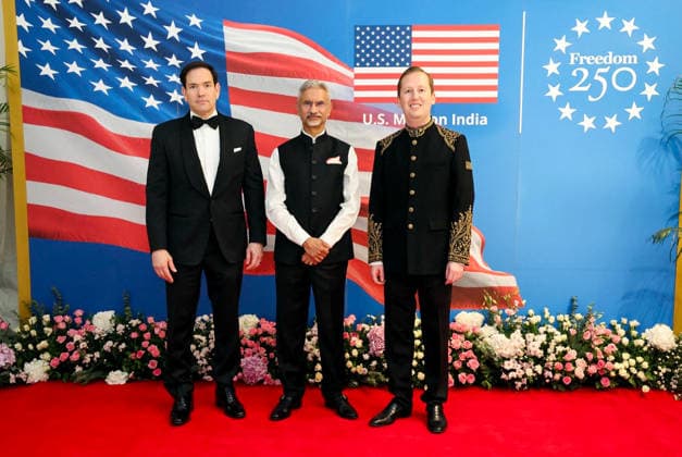 RECORD DATE NOT STATED 250th anniversary celebrations of U.S. Independence at New Delhi s Roosevelt House New Delhi, May 24 (ANI): (L-R) U.S. Secretary of State Marco Rubio, External Affairs Minister S. Jaishankar, and U.S. Ambassador to India Sergio Gor pose for a photo during the celebrations of the 250th anniversary of U.S. independence at Roosevelt House, in New Delhi on Saturday. (@USAmbIndia X ANI Photo) NEW DELHI Delhi India Copyright: xANIx ANI_20260524028