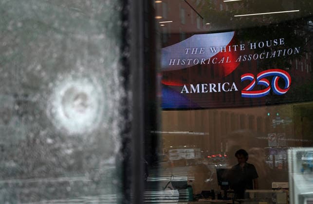 Bullet holes and shattered glass remain at The People s House near White House Complex Bullet holes and shattered glass remain at The People s House, on May 24, 2026, in Washington, DC after the U.S. Secret Service shot a person near the White House on Saturday. On Saturday, May 23, two people were struck in a shooting near the intersection of Pennsylvania Avenue and 17th Street Northwest, located just outside the White House complex. Photo by Olivier Douliery ABACAPRESS.COM Washington DC United States  Copyright: xDoulieryxOlivier ABACAx