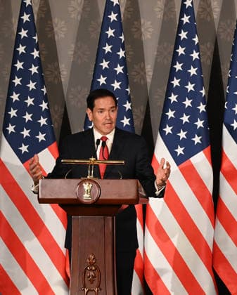 NEW DELHI, INDIA - MAY 24: United States Secretary of State Marco Rubio speaks during a joint press conference at Hyderabad House, on May 23, 2026 in New Delhi, India. Both leaders reaffirmed the strength of the India-US strategic partnership and outlined key areas of cooperation, including trade, energy, mobility and regional security. (Photo by Arvind Yadav Hindustan Times ) Joint Press Conference Of US Secretary Of State Marco Rubio And External Affairs Minister S. Jaishankar At Hyderabad House