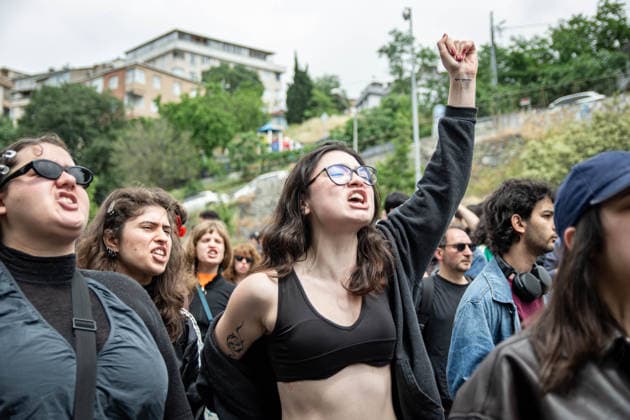 May 24, 2026, Istanbul, Istanbul, Turkey: Students, labor unions and civil society groups clashed with riot police on the third day after Istanbul Bilgi University was allegedly shut down by presidential decree signed by Turkish President Recep Tayyip Erdogan in Istanbul, Turkey, on May 22, 2026. Students occupying university buildings in protest against the closure decision were forcibly removed from the campus by police. Riot police used pepper spray during the intervention as violent scuffles erupted around the university. Demonstrators continued to protest in defense of academic freedom and university autonomy amid a heavy police presence. Istanbul Turkey  - ZUMAt171 20260524_zip_t171_017 Copyright: xAbdullahxTepelix