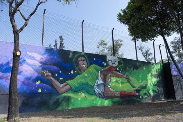 May 24, 2026, Mexico City, Mexico: The mural Futbol, recognized as the Guinness World Record largest hand painted brush football mural, was inaugurated in the Martin Carrera neighborhood of Mexico City. Created by Mexican artists, the artwork connects the Mesoamerican ballgame with contemporary football ahead of the 2026 FIFA World Cup. Former soccer players CUAUHTEMOC BLANCO, FRANCISCO KIKIN FONSECA, GERMAN VILLA and ANGEL REYNA attended the event, along with authorities from the Gustavo A. Madero borough and representatives of the Libertad Creativa Intercultural y Objetiva Foundation and the Elena Poniatowska Amor Foundation Mexico City Mexico  - ZUMAl178 20260524_znp_l178_002 Copyright: xCristianxLeyvax