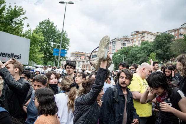May 24, 2026, Istanbul, Istanbul, Turkey: Students, labor unions and civil society groups clashed with riot police on the third day after Istanbul Bilgi University was allegedly shut down by presidential decree signed by Turkish President Recep Tayyip Erdogan in Istanbul, Turkey, on May 22, 2026. Students occupying university buildings in protest against the closure decision were forcibly removed from the campus by police. Riot police used pepper spray during the intervention as violent scuffles erupted around the university. Demonstrators continued to protest in defense of academic freedom and university autonomy amid a heavy police presence. Istanbul Turkey  - ZUMAt171 20260524_zip_t171_009 Copyright: xAbdullahxTepelix
