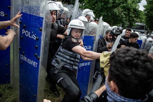 May 24, 2026, Istanbul, Istanbul, Turkey: Students, labor unions and civil society groups clashed with riot police on the third day after Istanbul Bilgi University was allegedly shut down by presidential decree signed by Turkish President Recep Tayyip Erdogan in Istanbul, Turkey, on May 22, 2026. Students occupying university buildings in protest against the closure decision were forcibly removed from the campus by police. Riot police used pepper spray during the intervention as violent scuffles erupted around the university. Demonstrators continued to protest in defense of academic freedom and university autonomy amid a heavy police presence. Istanbul Turkey  - ZUMAt171 20260524_zip_t171_011 Copyright: xAbdullahxTepelix