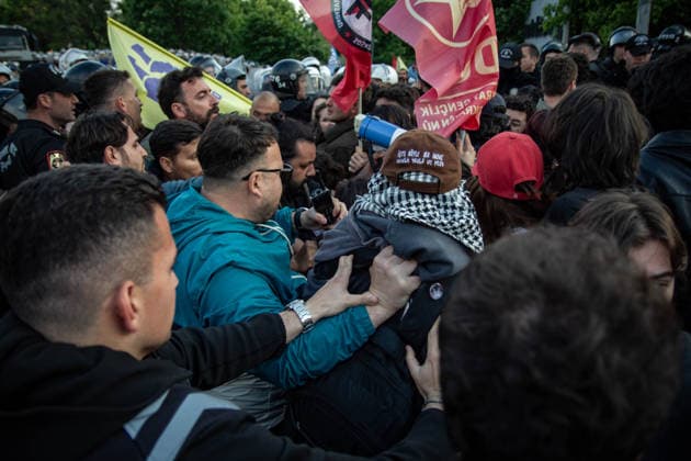 May 24, 2026, Istanbul, Istanbul, Turkey: Students, labor unions and civil society groups clashed with riot police on the third day after Istanbul Bilgi University was allegedly shut down by presidential decree signed by Turkish President Recep Tayyip Erdogan in Istanbul, Turkey, on May 22, 2026. Students occupying university buildings in protest against the closure decision were forcibly removed from the campus by police. Riot police used pepper spray during the intervention as violent scuffles erupted around the university. Demonstrators continued to protest in defense of academic freedom and university autonomy amid a heavy police presence. Istanbul Turkey - ZUMAt171 20260524_zip_t171_032 Copyright: xAbdullahxTepelix