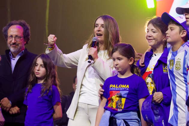 May 24, 2026, Bogota, Cundinamarca, COLOMBIA: Flanked by family, center-right senator and presidential candidate PALOMA VALENCIA addresses a crowd of supporters during her final campaign rally ahead of the May 31 first-round election. Standing on a platform of strict public security and private sector investment, the Centro DemocroÂ¡tico candidate is making her final push to secure a spot in the projected June runoff. Bogota COLOMBIA - ZUMAd225 20260524_znp_d225_001 Copyright: xZoraidaxDiazx