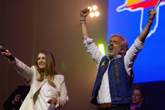 May 24, 2026, Bogota, Cundinamarca, COLOMBIA: Center-right senator and presidential candidate PALOMA VALENCIA and vice-presidential running mate JUAN DANIEL OVIEDO cheer alongside supporters during their final campaign rally ahead of the May 31 first-round election. Standing on a platform of strict public security and private sector investment, the Centro DemocroÂ¡tico candidate is making her final push to secure a spot in the projected June runoff. Bogota COLOMBIA  - ZUMAd225 20260524_znp_d225_005 Copyright: xZoraidaxDiazx