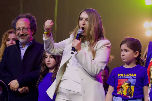 May 24, 2026, Bogota, Cundinamarca, COLOMBIA: With her husband TOMAS RODRIGUEZ and daughter Amapola (left), and other family, PALOMA VALENCIA addresses a crowd of supporters during her final campaign rally ahead of the May 31 first-round election. Standing on a platform of strict public security and private sector investment, the Centro DemocroÂ¡tico candidate is making her final push to secure a spot in the projected June runoff. Bogota COLOMBIA - ZUMAd225 20260524_znp_d225_003 Copyright: xZoraidaxDiazx
